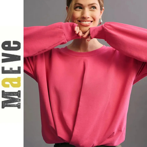 MAEVE Hot Pink Crewneck Cropped Sweatshirt, Faux Knot Twisted Front Hem, XS - Picture 1 of 14